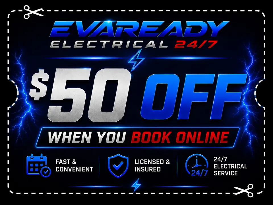 Evaready Electrical $50 off when you book online offer artwork